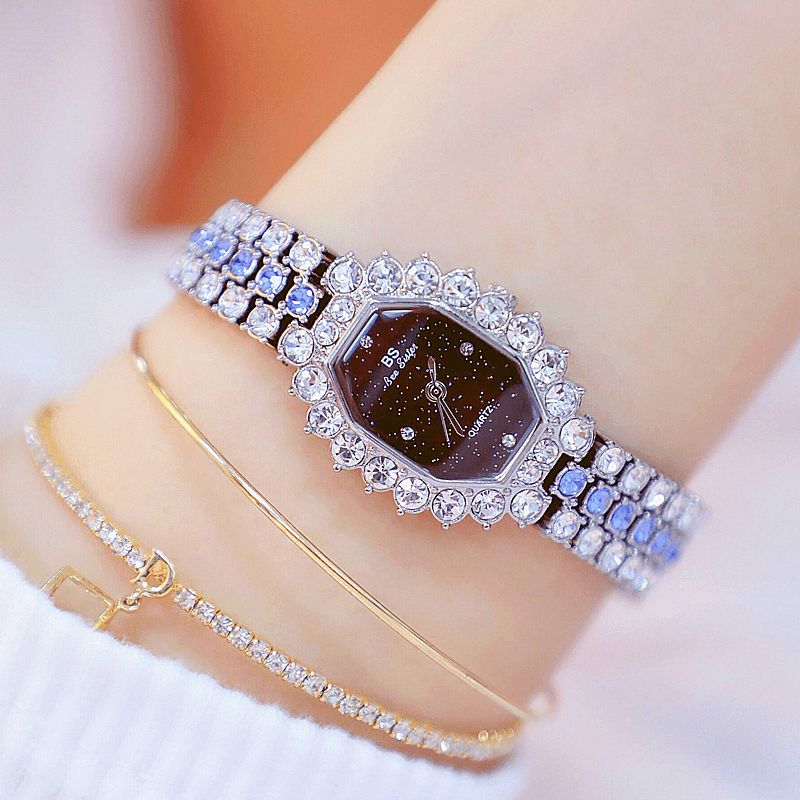 Bs Crystal Dam Armband Watch Diamonds Rektangel Full Steel Kvartsur