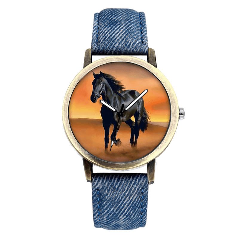 Casual Black Horse Desert Dial All-Match Denim Strap Herr Kvartsur Armbandsur