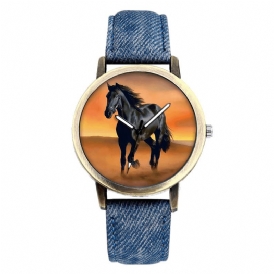 Casual Black Horse Desert Dial All-Match Denim Strap Herr Kvartsur Armbandsur