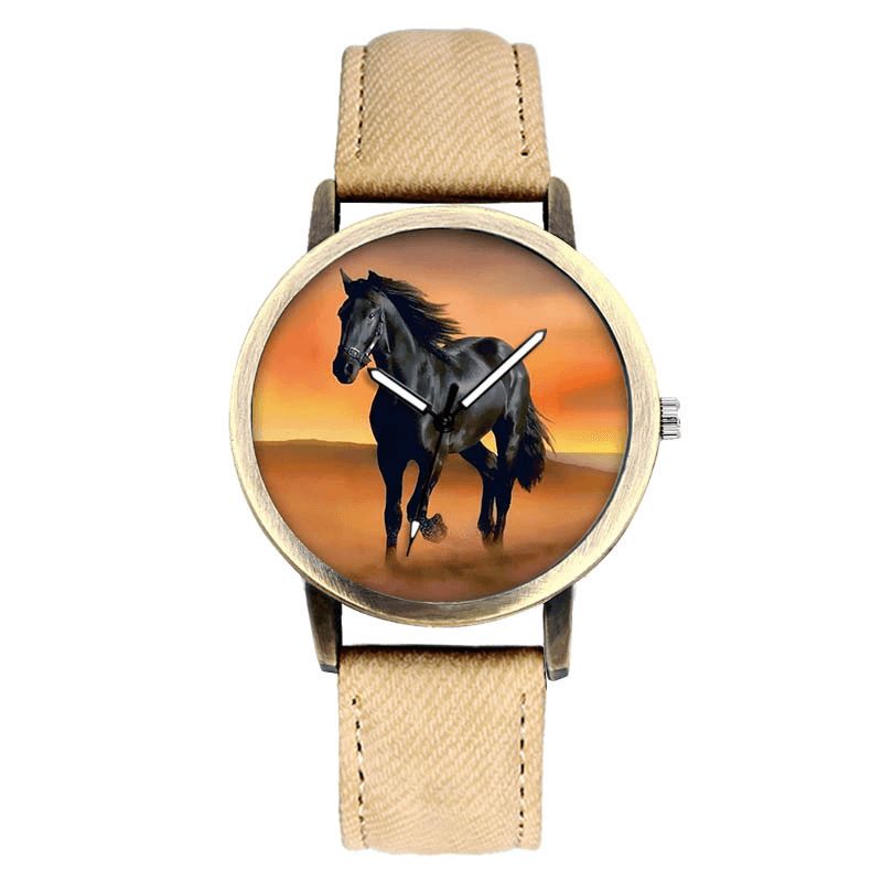 Casual Black Horse Desert Dial All-Match Denim Strap Herr Kvartsur Armbandsur