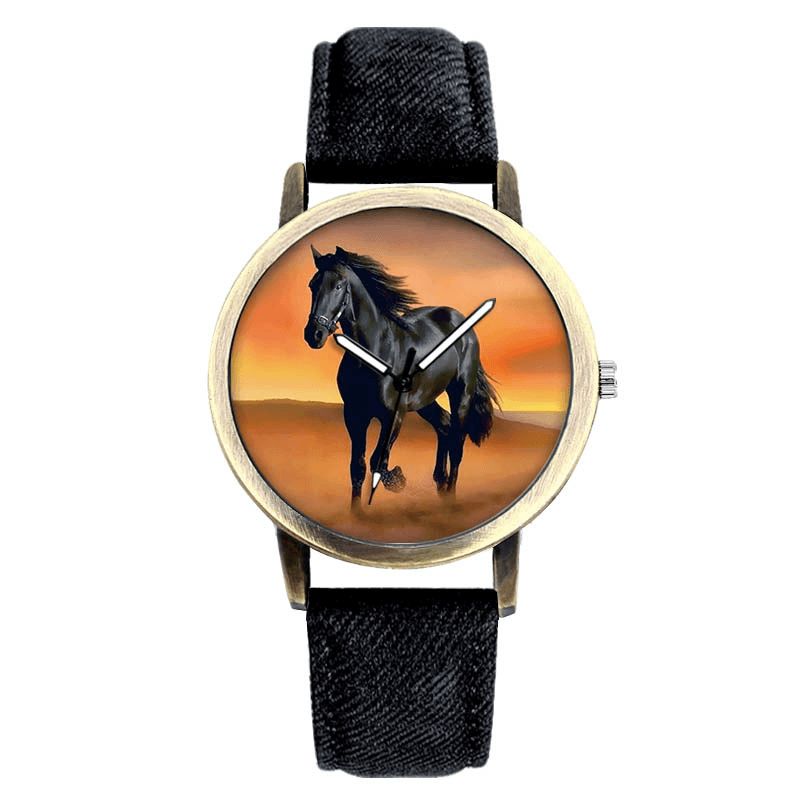 Casual Black Horse Desert Dial All-Match Denim Strap Herr Kvartsur Armbandsur