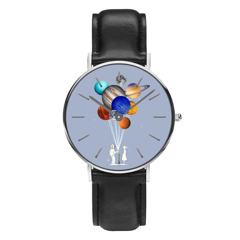 Casual Style Herrklocka Tecknad Astronaut Färgglad Planet Print Pu Läderrem Klockor Quartz Klockor