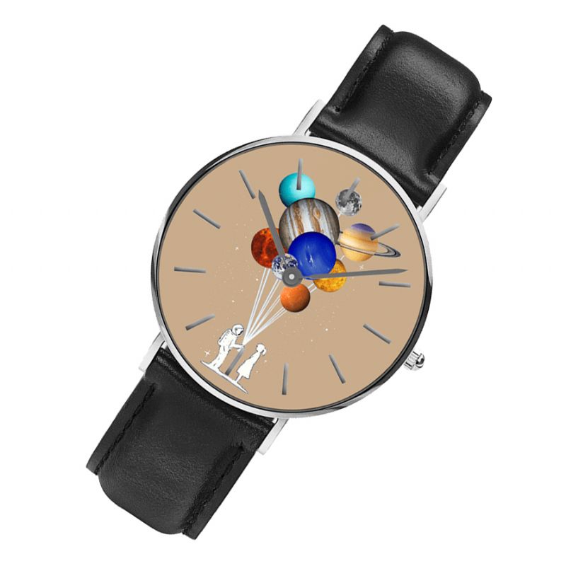 Casual Style Herrklocka Tecknad Astronaut Färgglad Planet Print Pu Läderrem Klockor Quartz Klockor