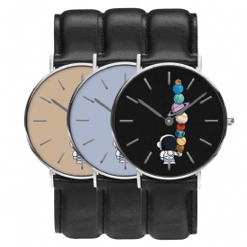 Casual Style Herrklocka Tecknad Astronaut Star Glasstryck Pu-Läderrem Klockor Quartz Klockor