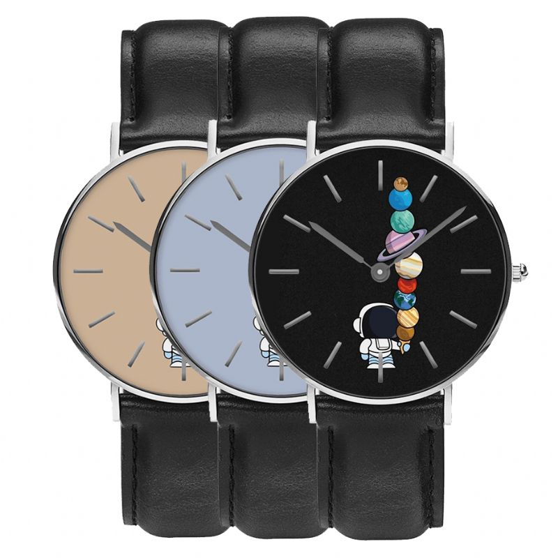 Casual Style Herrklocka Tecknad Astronaut Star Glasstryck Pu-Läderrem Klockor Quartz Klockor