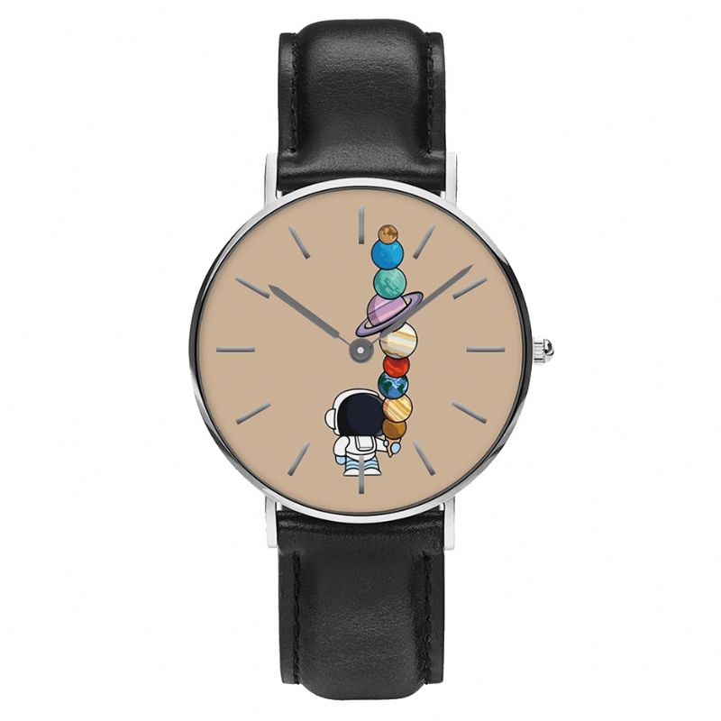 Casual Style Herrklocka Tecknad Astronaut Star Glasstryck Pu-Läderrem Klockor Quartz Klockor