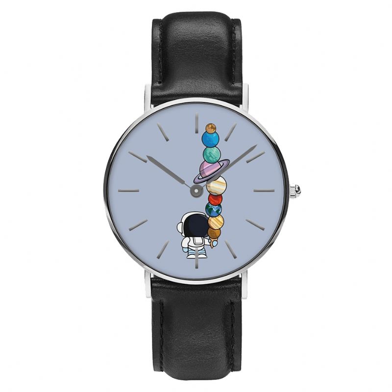 Casual Style Herrklocka Tecknad Astronaut Star Glasstryck Pu-Läderrem Klockor Quartz Klockor