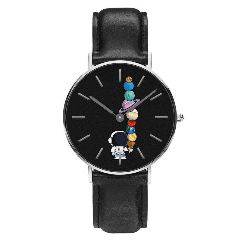 Casual Style Herrklocka Tecknad Astronaut Star Glasstryck Pu-Läderrem Klockor Quartz Klockor