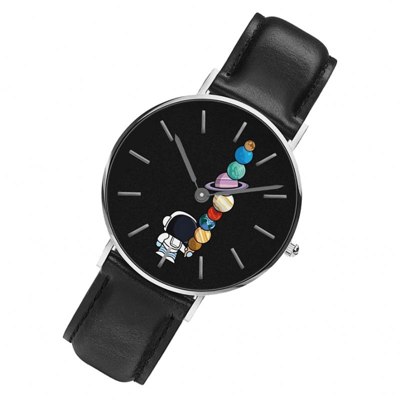 Casual Style Herrklocka Tecknad Astronaut Star Glasstryck Pu-Läderrem Klockor Quartz Klockor