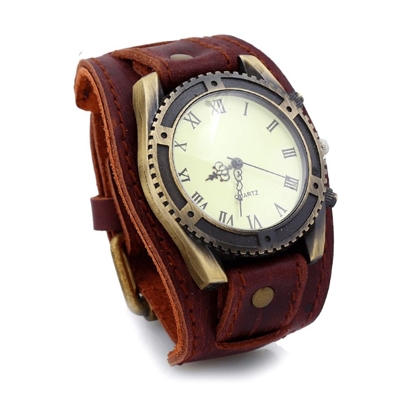 Casual Vintage Multi-Layer Cowhide Läderrem Unisex Kvartsur Armband