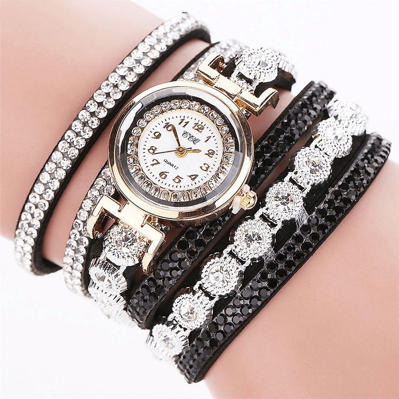 CCq Mode Luxury Rhinestone Pu Läder Band Kvinnor Quartz Armband Watch