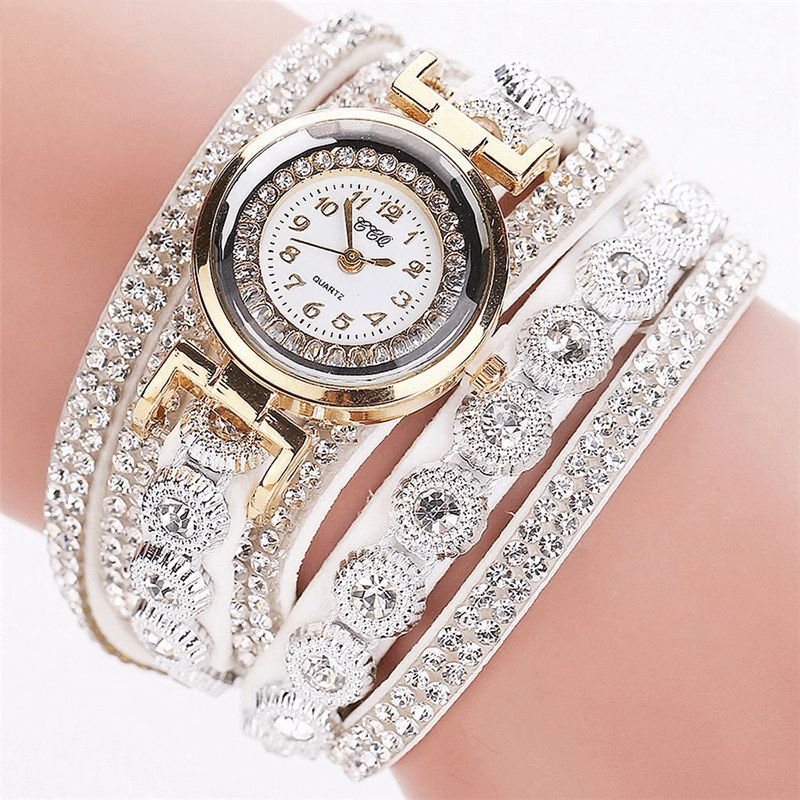 CCq Mode Luxury Rhinestone Pu Läder Band Kvinnor Quartz Armband Watch