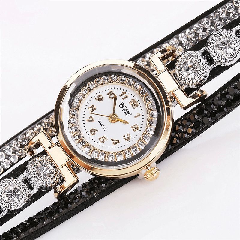 CCq Mode Luxury Rhinestone Pu Läder Band Kvinnor Quartz Armband Watch