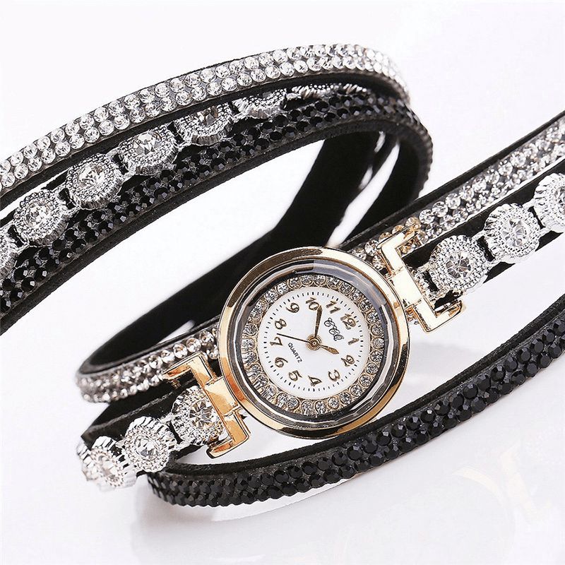 CCq Mode Luxury Rhinestone Pu Läder Band Kvinnor Quartz Armband Watch