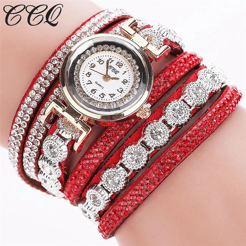 CCq Mode Luxury Rhinestone Pu Läder Band Kvinnor Quartz Armband Watch