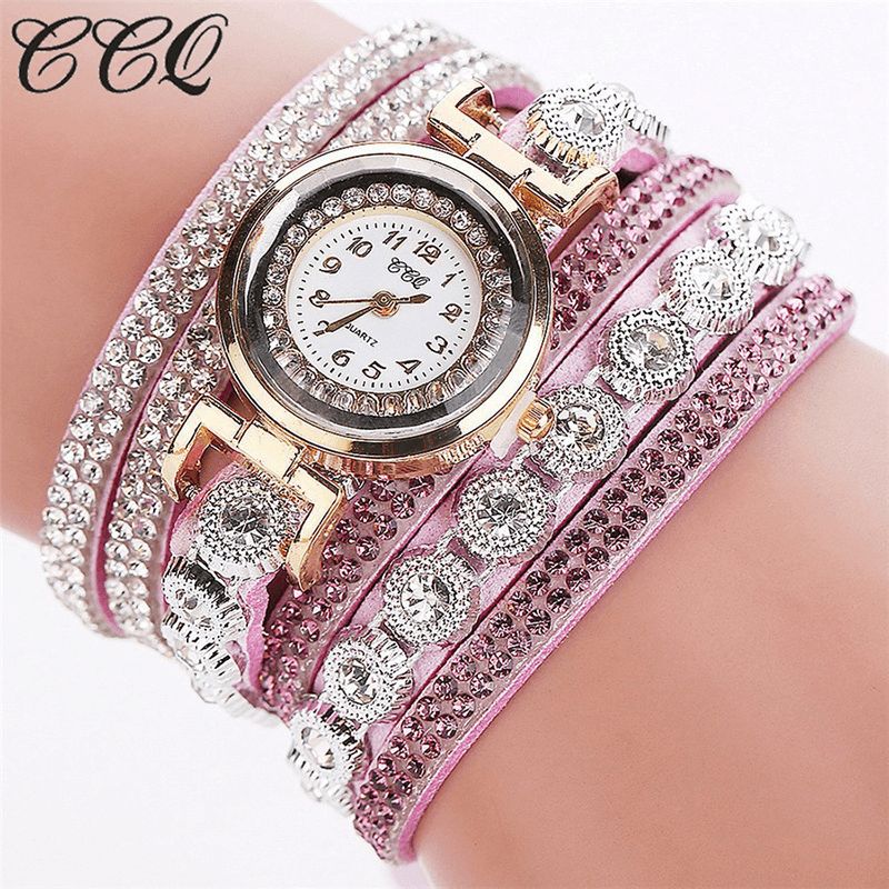 CCq Mode Luxury Rhinestone Pu Läder Band Kvinnor Quartz Armband Watch