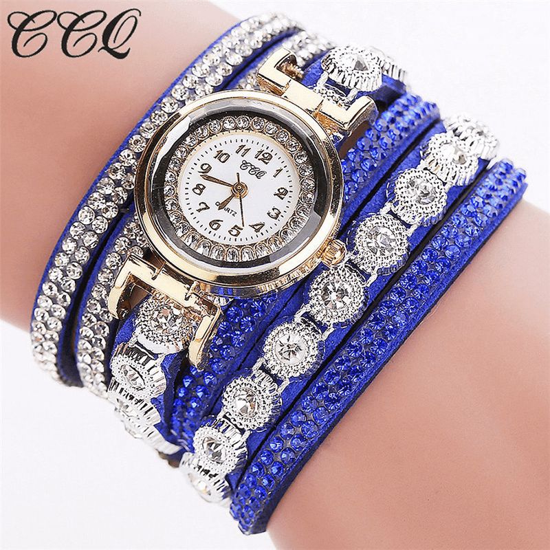 CCq Mode Luxury Rhinestone Pu Läder Band Kvinnor Quartz Armband Watch