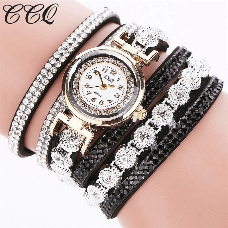 CCq Mode Luxury Rhinestone Pu Läder Band Kvinnor Quartz Armband Watch