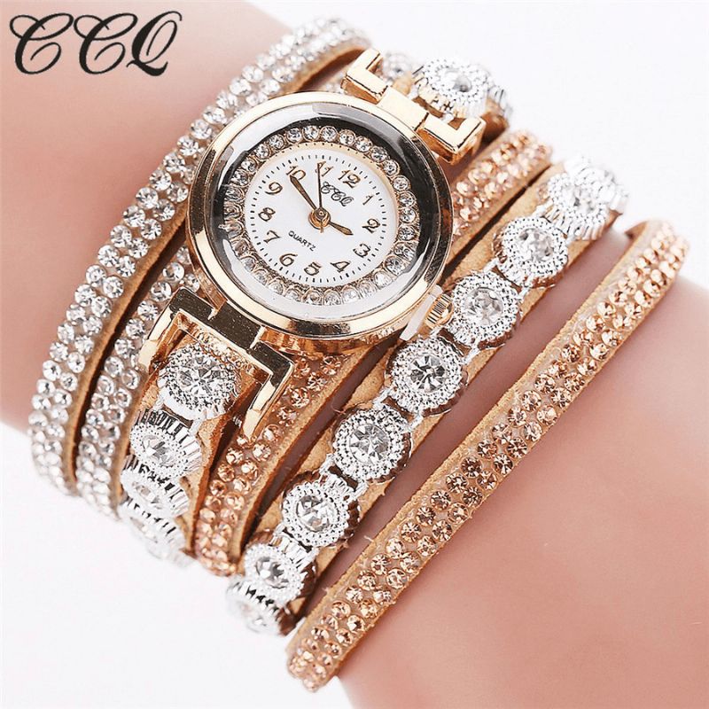 CCq Mode Luxury Rhinestone Pu Läder Band Kvinnor Quartz Armband Watch