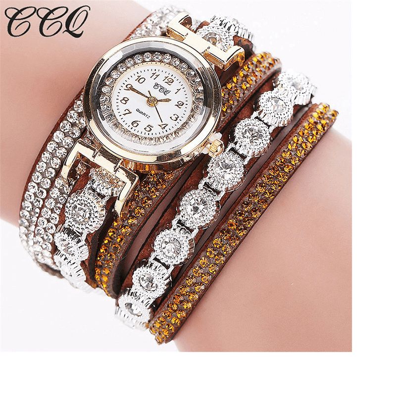 CCq Mode Luxury Rhinestone Pu Läder Band Kvinnor Quartz Armband Watch