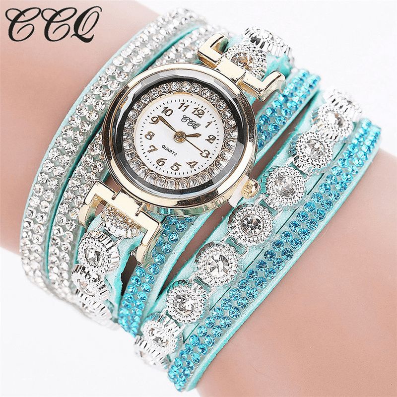 CCq Mode Luxury Rhinestone Pu Läder Band Kvinnor Quartz Armband Watch