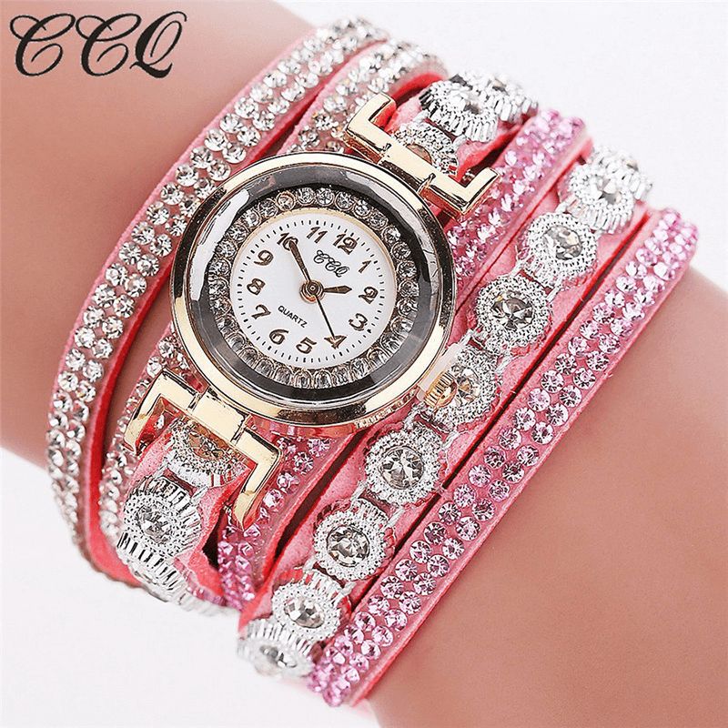 CCq Mode Luxury Rhinestone Pu Läder Band Kvinnor Quartz Armband Watch