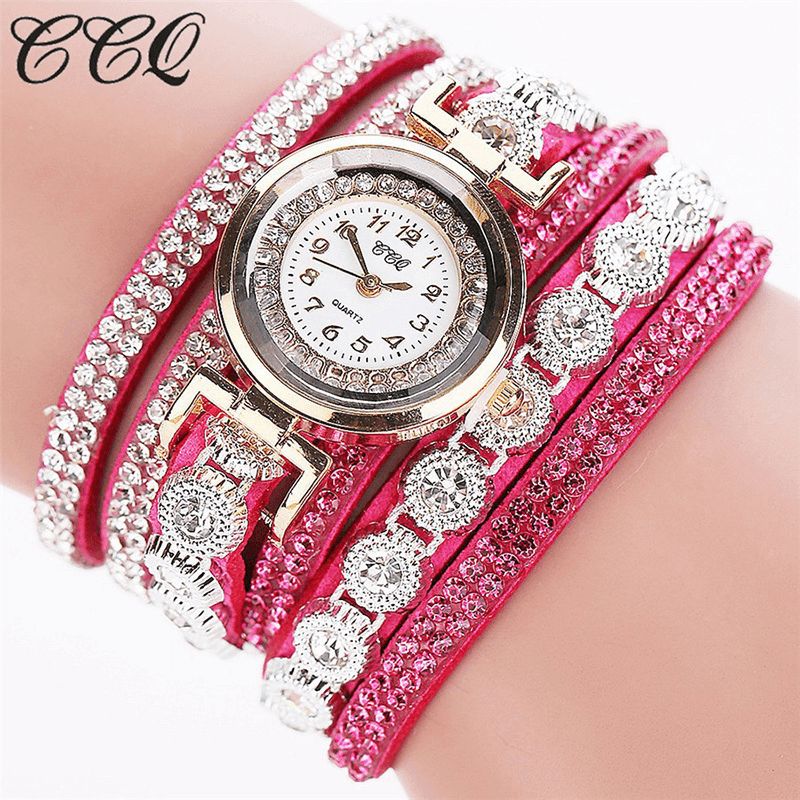 CCq Mode Luxury Rhinestone Pu Läder Band Kvinnor Quartz Armband Watch