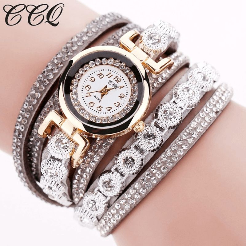 CCq Mode Luxury Rhinestone Pu Läder Band Kvinnor Quartz Armband Watch