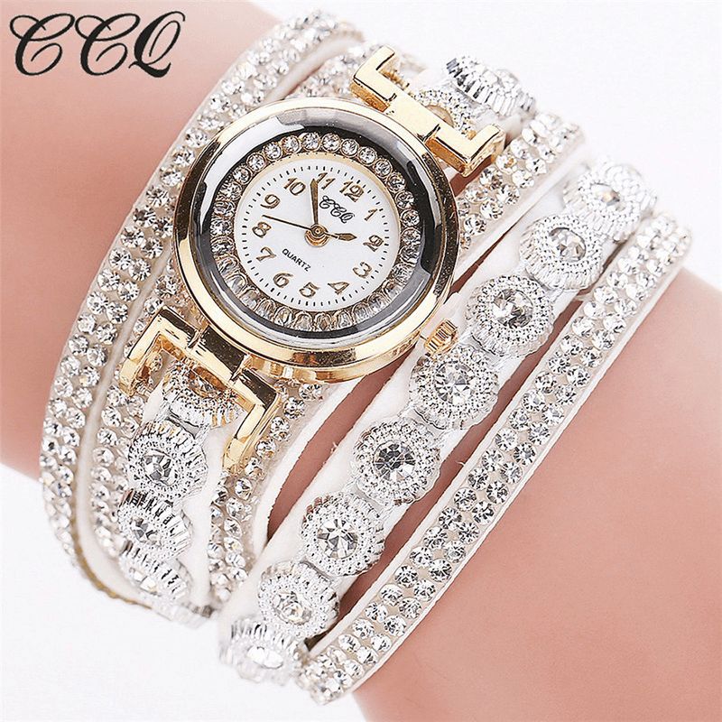 CCq Mode Luxury Rhinestone Pu Läder Band Kvinnor Quartz Armband Watch