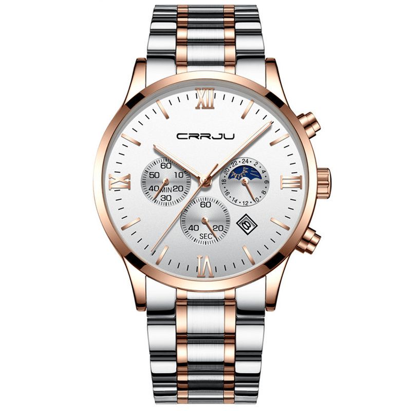 Crrju 2159 Creative Sun Moon Herr Business Style Chrono 316L Armband I Rostfritt Stål Kvartsur