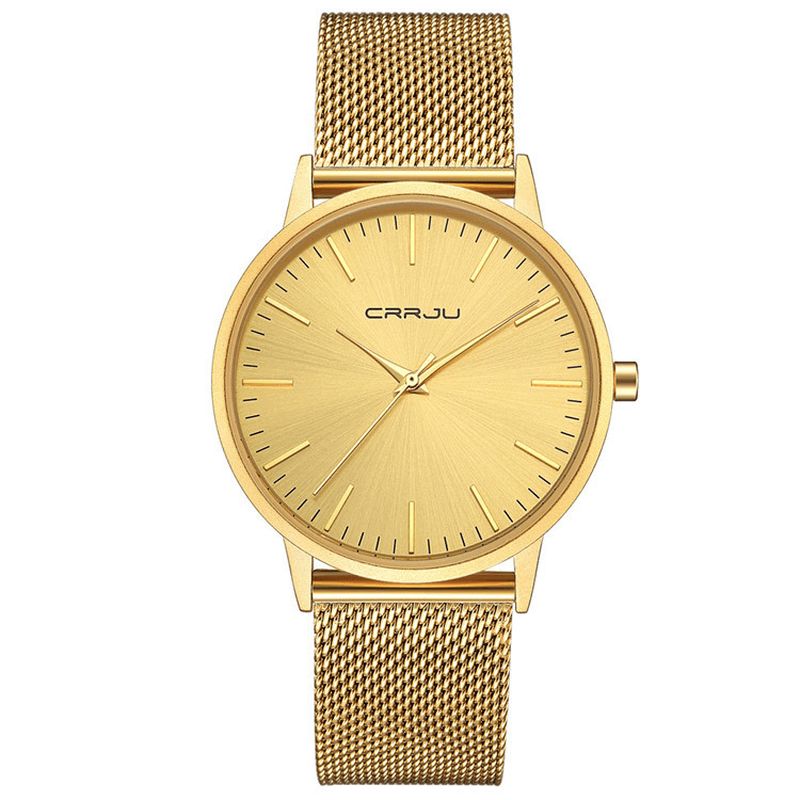 Crrju Ultra Thin Herr Klockor Rostfritt Stål Mesh Armband Business Casual Guld Herr Klockor