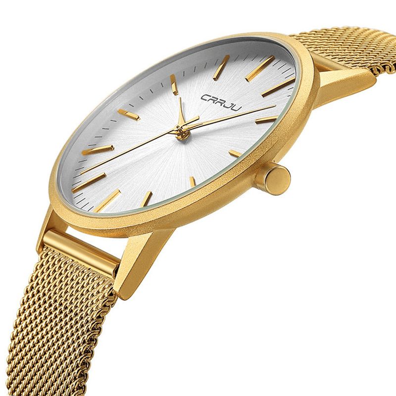 Crrju Ultra Thin Herr Klockor Rostfritt Stål Mesh Armband Business Casual Guld Herr Klockor