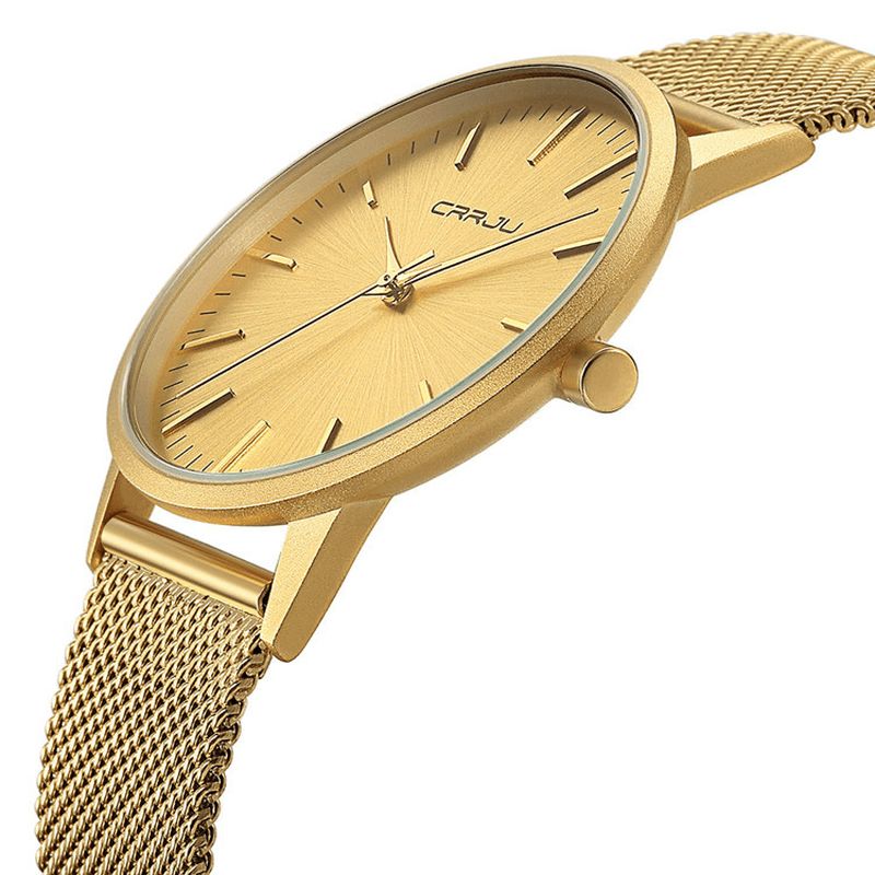 Crrju Ultra Thin Herr Klockor Rostfritt Stål Mesh Armband Business Casual Guld Herr Klockor