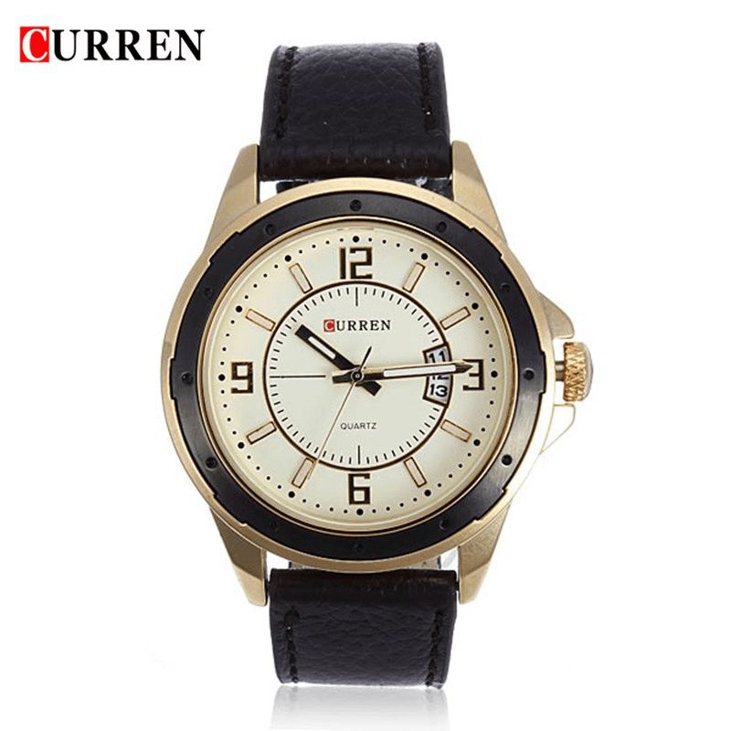 Curren 8124 Black Gold Date Sport Läder Rund Armbandsur För Män