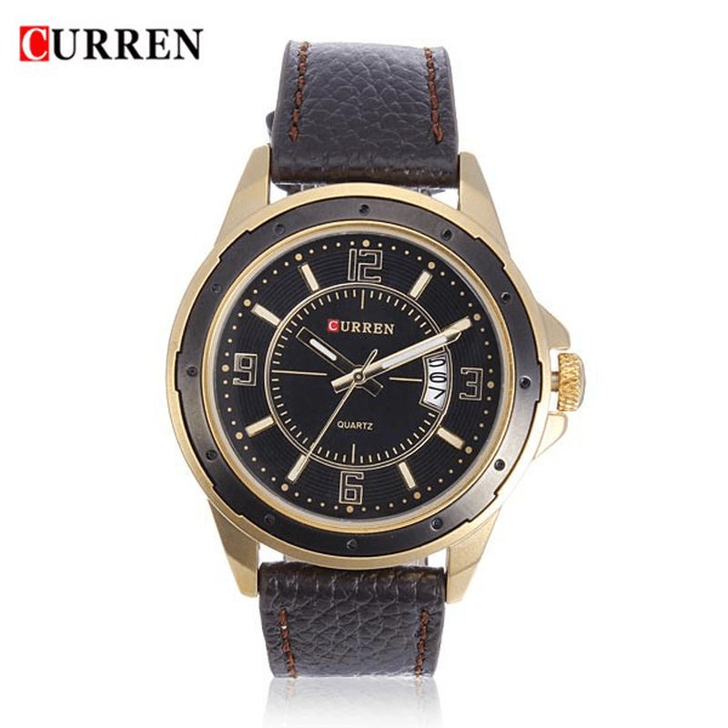 Curren 8124 Black Gold Date Sport Läder Rund Armbandsur För Män