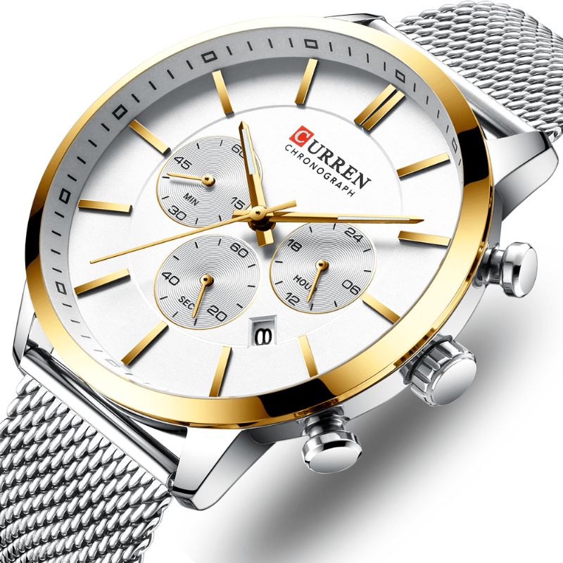 Curren 8340 Chronograph Calendar Herr Armbandsur Mesh Steel Band Kvartsur