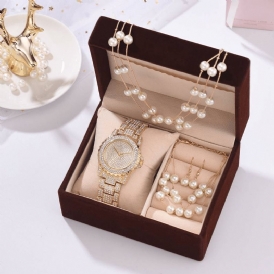 Deffrun 4 St Damklocka Set Full Diamond Rund Watch Pearl Armband Örhängen Halsband Present Kit