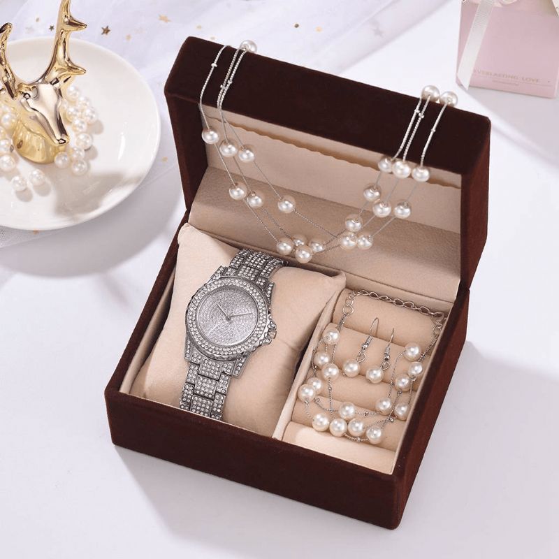 Deffrun 4 St Damklocka Set Full Diamond Rund Watch Pearl Armband Örhängen Halsband Present Kit