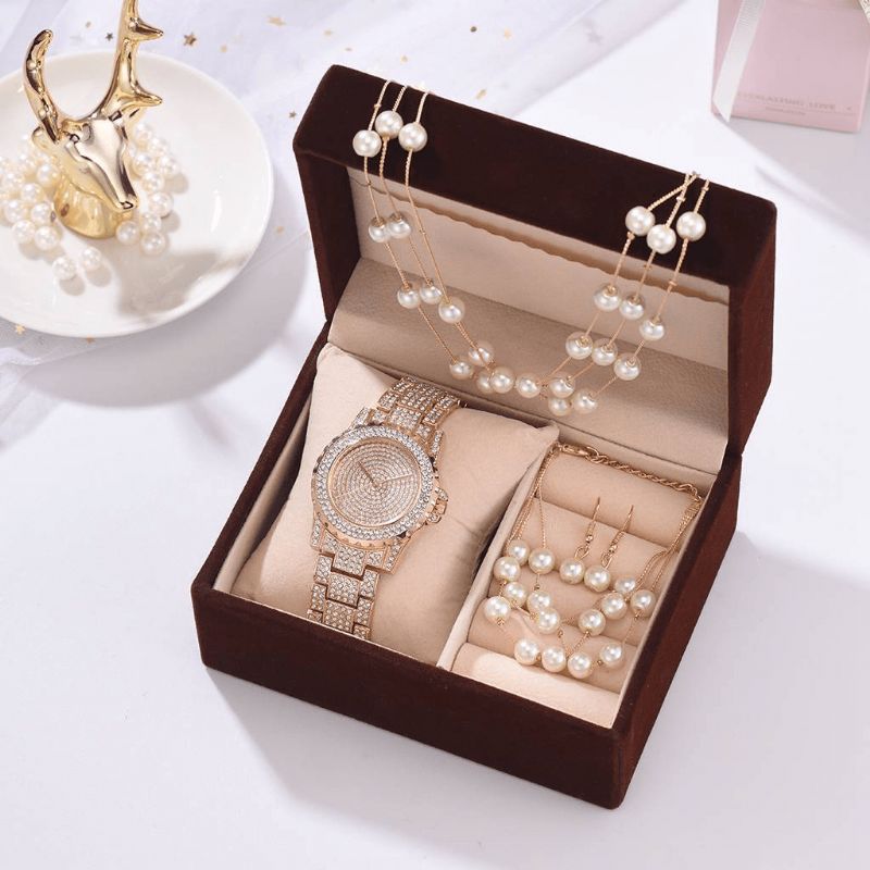 Deffrun 4 St Damklocka Set Full Diamond Rund Watch Pearl Armband Örhängen Halsband Present Kit