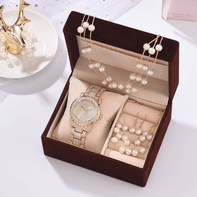 Deffrun 4 St Damklocka Set Full Diamond Rund Watch Pearl Armband Örhängen Halsband Present Kit