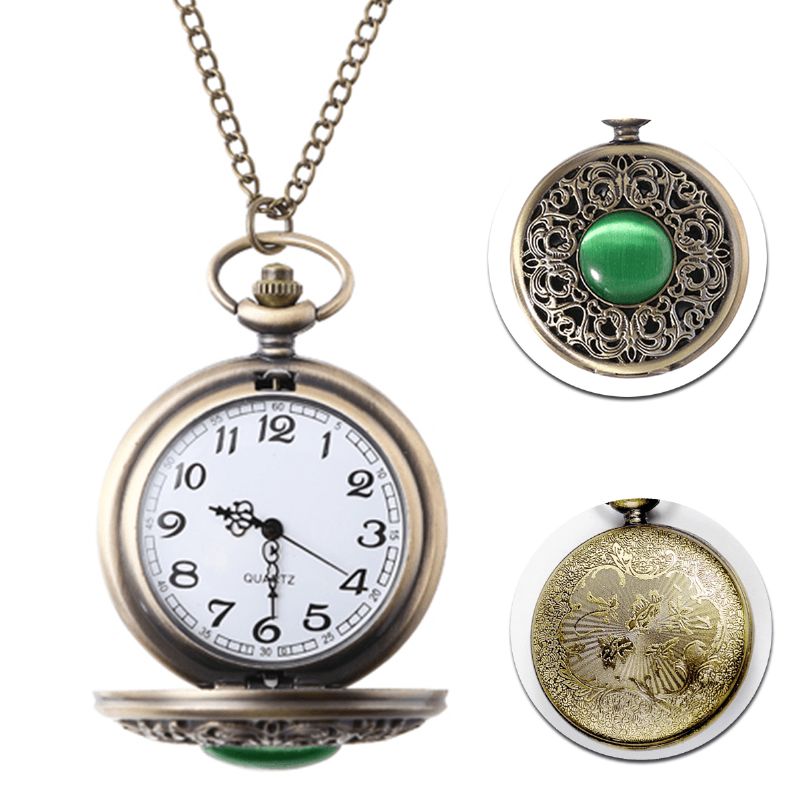 Deffrun Big Dial Pocket Watch Retro Style Green Gem Kvartsur