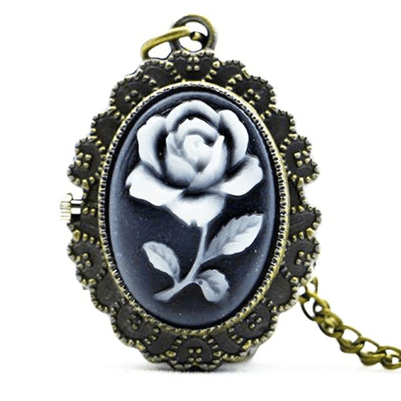 Deffrun Mode Flower Rose Brons Quartz Pocket Watch Retro Pendant Halsband