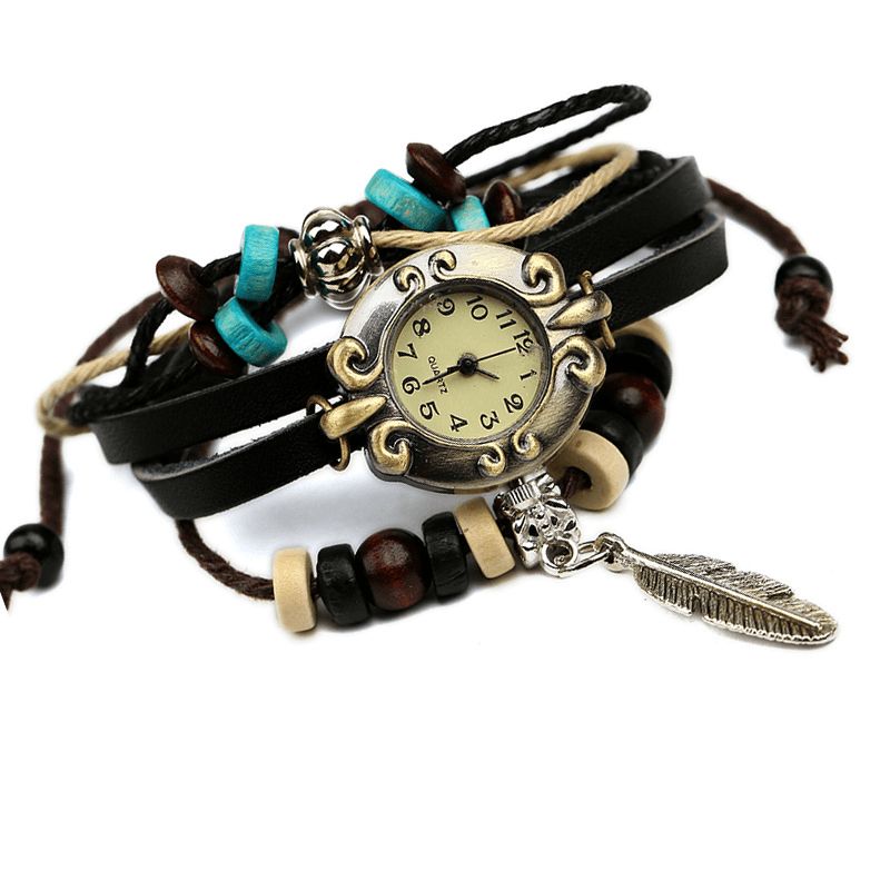 Deffrun Multilayer Cow Leather Band Armband Watch Leaf Pendant Liten Urtavla Kvinnor Kvartsur