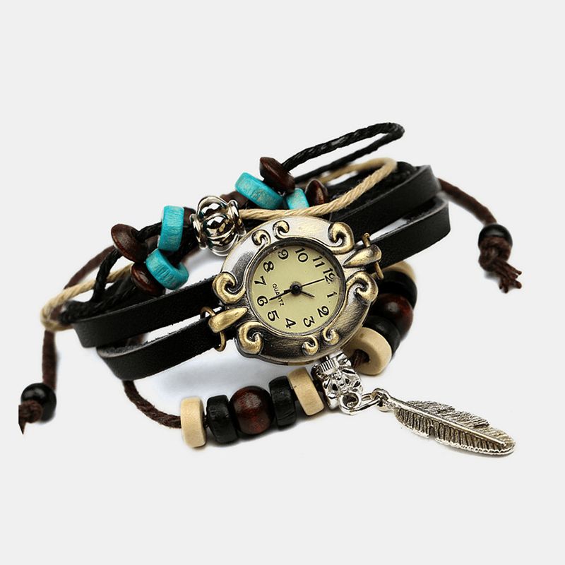 Deffrun Multilayer Cow Leather Band Armband Watch Leaf Pendant Liten Urtavla Kvinnor Kvartsur