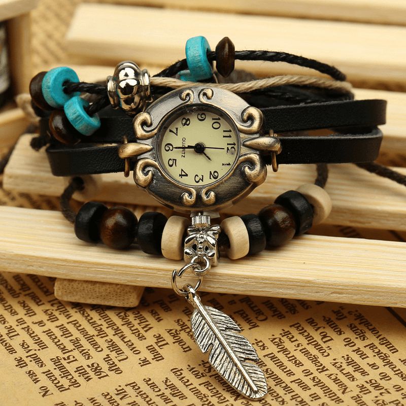 Deffrun Multilayer Cow Leather Band Armband Watch Leaf Pendant Liten Urtavla Kvinnor Kvartsur