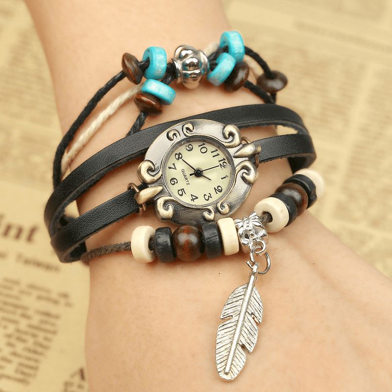 Deffrun Multilayer Cow Leather Band Armband Watch Leaf Pendant Liten Urtavla Kvinnor Kvartsur