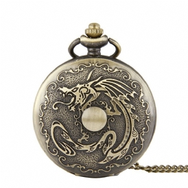 Deffrun Retro Brons Klassiskt Dragon Pattern Chain Quartz Pocket Watch