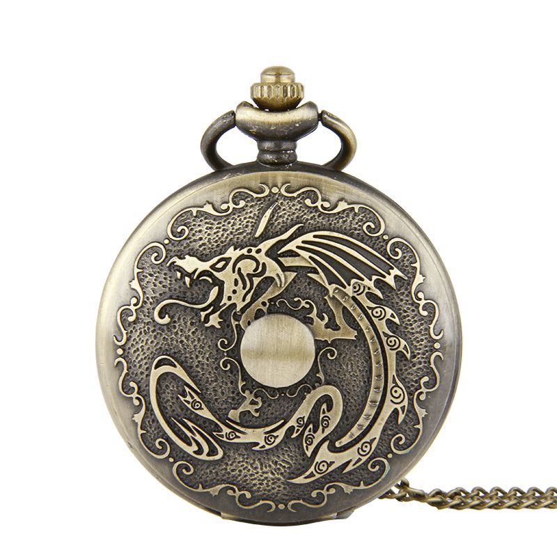 Deffrun Retro Brons Klassiskt Dragon Pattern Chain Quartz Pocket Watch