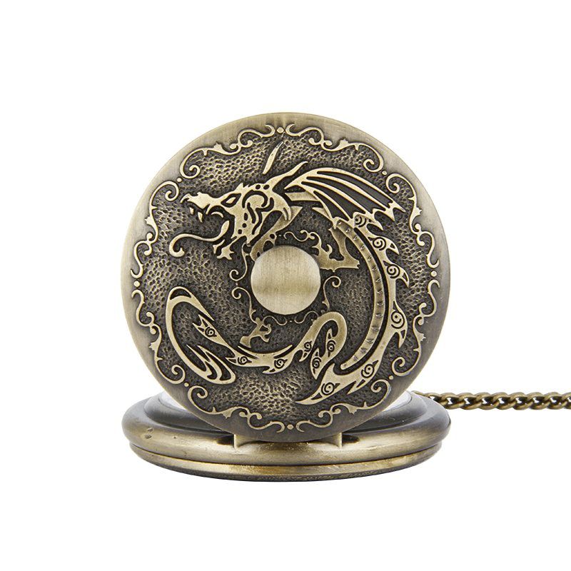 Deffrun Retro Brons Klassiskt Dragon Pattern Chain Quartz Pocket Watch