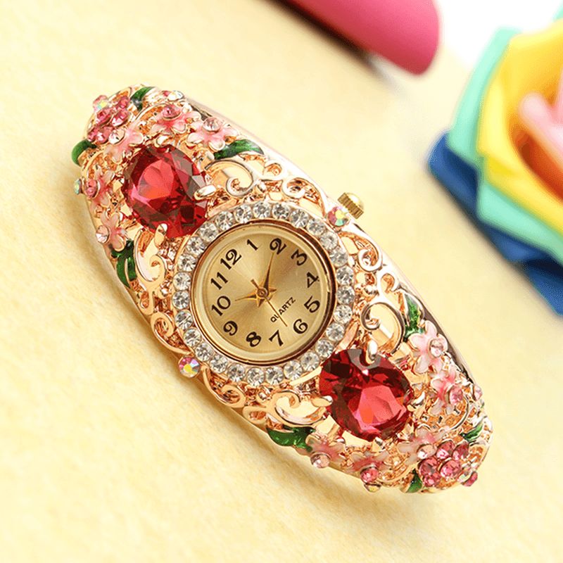 Deffrun Retro Style Dam Armband Watch Flower Diamond Kvartsur